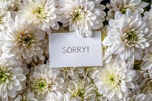 A postcard with a handwritten inscription I'm sorry in a bouquet of beautiful white chrysanthemums. Bokeh in the background. photo