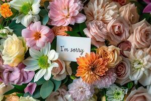 A postcard with a handwritten inscription I'm sorry in a bouquet of beautiful flowers. Bokeh in the background. photo