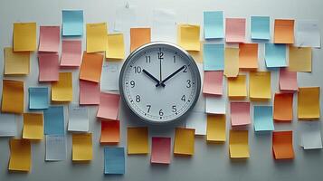 Colorful Sticky Notes Wall with Modern Clock for Time Management and Organization photo