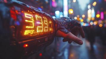 Digital Clock Display in Urban Environment with Neon Lights and City Bokeh Background photo