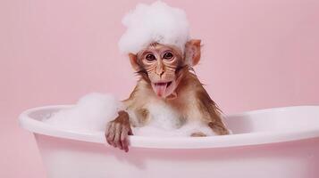 a cute monkey sits in a bathtub with plenty of foam on his head, isolated background photo