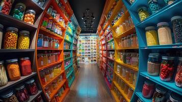 A colorful aisle of jars filled with different types of candy photo
