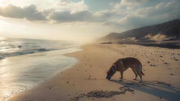 A dog is sniffing the sand on the beach photo