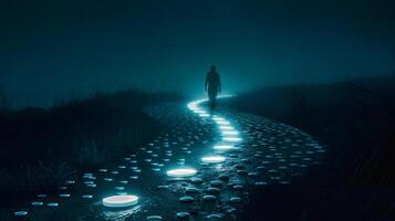 A person walking down a path lit up by glowing orbs photo