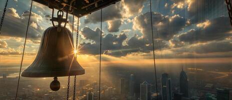 A bell hanging from a building with a city in the background photo