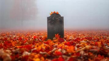 A tombstone sits in the middle of a field of autumn leaves photo