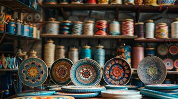 A room with many plates and spools of thread photo