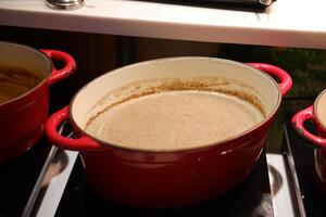 red pot filled with a creamy soup or sauce, sitting on a stovetop photo