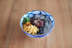 japanese noodle on wooden table photo