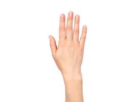Female hand with neutral manicure isolated on white background. photo