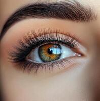 Close-up view of a hazel eye featuring long, natural lashes and a defined eyebrow. Showcases the intricate iris pattern and eye makeup. photo