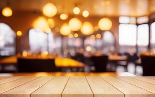 Empty wooden table top with lights bokeh on blur restaurant background. photo