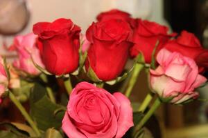 Bouquet Of Red And Pink Roses In A Vase. photo