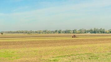 Agricultural fields with young green shoots of grain crops and plowed field without sowing. With trees in the background on the hills. Fallow concept. Alternation. photo
