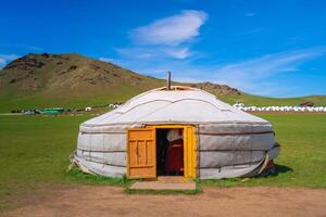 Authentic Mongol Nomad Show, demonstration of a traditional living way of real Mongolian nomads, an attractive for tourists in Mongolia photo