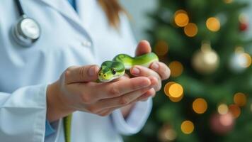 A doctor or veterinarian in a white coat holds the symbol of the new year a snake photo