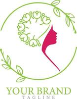 Beauty logo with woman head inside circle and leaf floral flower design with creative concept. vector