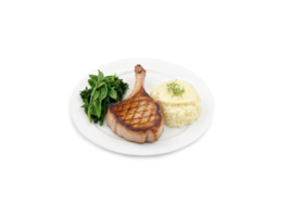 Pork Chops Bone-in pork chops grilled or pan-fried to golden perfection, seasoned with a blend of herbs and spices. Served png