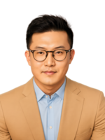 Close-up of Asian man with glasses, confident expression, well-groomed, sharp lighting, transparent background. png