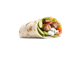 Grilled Souvlaki in a soft wrap with fresh veggies and tzatziki sauce, golden brown and green hues, png