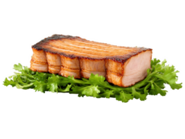Crispy Pork Belly with tender meat and a golden-brown crackling, served with fresh greens, warm golden png
