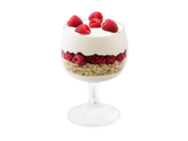 Scottish cranachan with cream, oats, and raspberries, layered in a glass. png