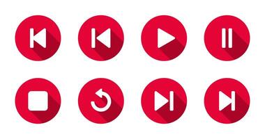 Previous, play, pause, stop, repeat, and next track icon with long shadow vector