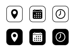 Address, date, and time icon on black square. Location marker, calendar, and clock sign symbol vector
