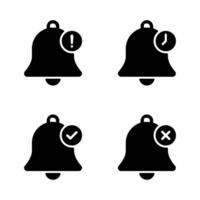 Bell with exclamation mark, time, checkmark, and cross icon. Notification with warning, clock, tick, and x symbol vector