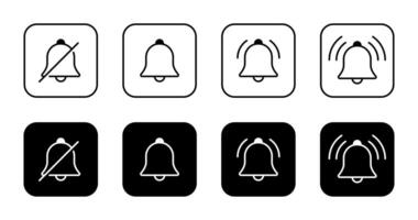 Silent bell and notification icon set collection on black square. New notice outline sign symbol vector