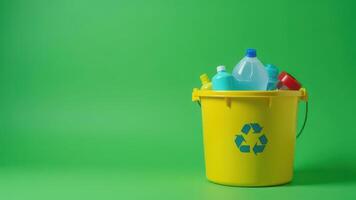 Colorful recyclable plastic bottles in yellow bin against green background. word pollution prevention day photo