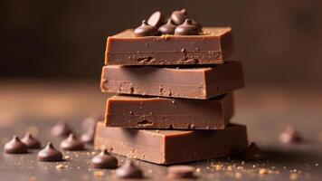 Delicious stacked chocolate bars with chocolate chips on rustic background photo