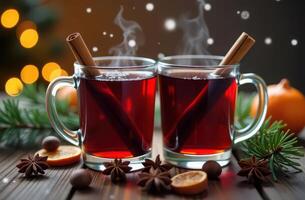 Steaming mulled wine with cinnamon and star anise amid holiday decor photo