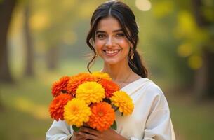 Smiling person holding a colorful bouquet of orange and yellow flowers. Pongal, celebrated in India photo