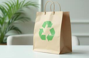Eco-friendly paper bag with recycling symbol on white table photo