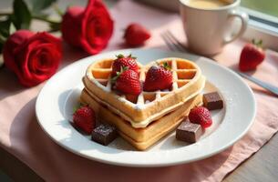 Heart-shaped waffles with strawberries and chocolate for a romantic breakfast. valentine's day photo