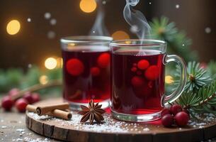 Warm mulled wine with cinnamon and star anise amidst holiday decor and twinkling lights photo