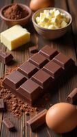 Gourmet chocolate bar and baking ingredients on rustic wooden table photo