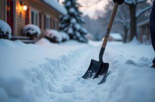 Snow shoveling in winter, clearing a pathway through deep snow on a cold evening photo