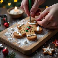 Decorating festive gingerbread cookies with icing and holiday decorations photo