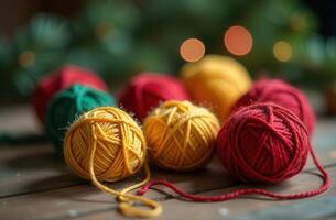 Colorful yarn balls on wooden surface with blurred festive lights in background photo