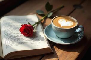 Romantic morning. coffee with heart art, open book, and a red rose photo