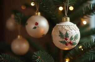Elegant christmas ornaments on decorated tree with warm lights photo