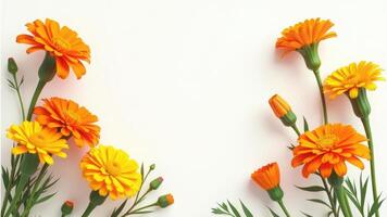 yellow and orange marigold on white background. floral border for spring or summer design. pongal in india photo