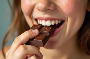 Smiling woman enjoying a delicious piece of chocolate close-up photo