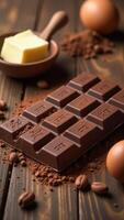Indulgent dark chocolate bar with cocoa, butter, and coffee beans on rustic wooden table photo