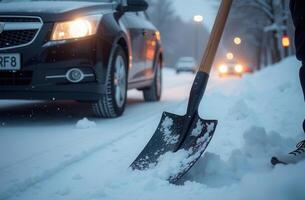 a person clears a car stuck in the snow with a shovel. Rakes and Shovels snow. winter season photo