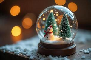 Festive snow globe with cheerful snowman and christmas trees photo