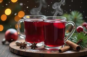 Warm mulled wine with cinnamon and holiday decor in festive setting photo