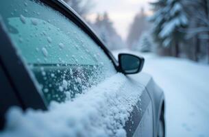 Snow-covered car door in winter forest setting photo